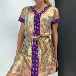 New CUSTO BARCELONA gold purple kimono belted tunic dress Kim Lucinda sz 36 or s